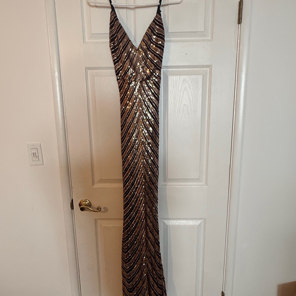 Sequin V- Neck Column Evening Gown in Black and Gold